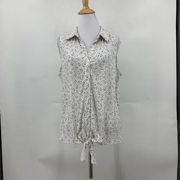 Adrianna Papell Printed Knit Blouse Women M White Sleeveless Button Up Tie Front - Picture 2 of 12